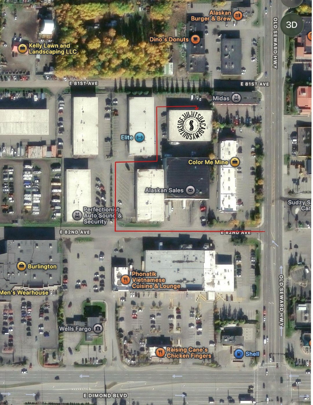 Aerial map showing Southside Jiu-Jitsu Academy location at 801 East 82nd Avenue, back right corner of 82nd Business Complex